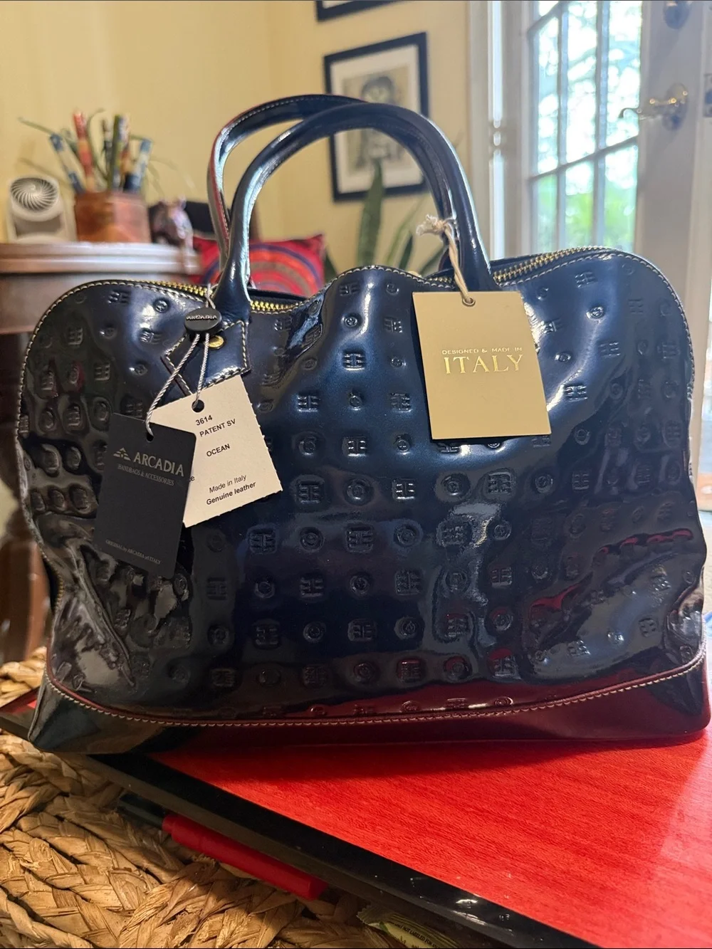 Arcadia Glossy Patent Satchel in Deep Navy